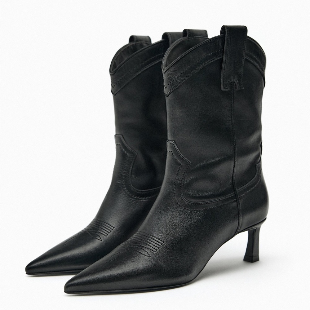 ZARA LEATHER COWBOY HEELED ANKLE BOOTS